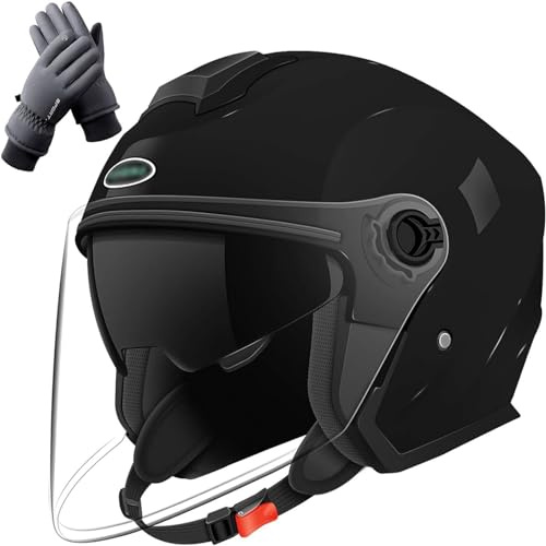 Casco Jet Moto, Caschi Motorcycle Bluetooth Half Helmets con Guanti Caldi con Touch Screen,ECE Omologato Casco con Doppia Visiera
