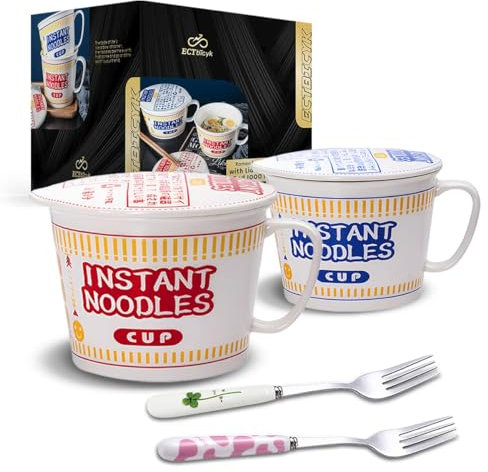 Ramen - Cuenco grande con tapa para fideos instantáneos (cerámica, con tapa y asa, 2 unidades), color rojo y azul