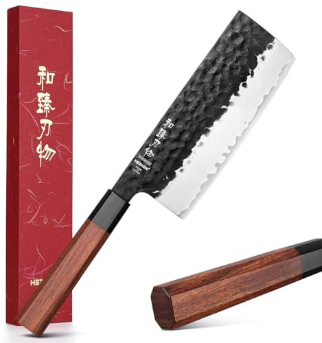 HEZHEN Nakiri Messer, Japanischer Stil Hackbeil Messer, Mehrzweckmesser Asiatisches Kochmesser Zum Schneiden von Fleisch und Gemüse, Ergonomischer Achteckiger Griff aus Rotholz