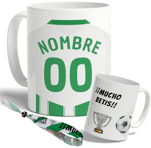 Taza Personalizada con nombre de Fútbol Betis. Tazas de Desayuno personalizada. Regalo Original para Aficionados del Futbol. Regalos Mundial Betis. Pulsera de regalo