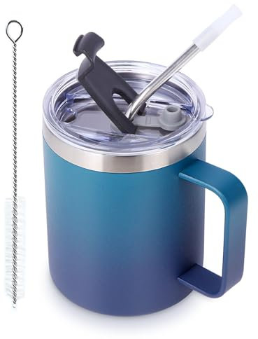 Volhoply 12oz Insulated Leakproof Coffee Mug with Sliding & Straw Lid,Double Wall Vacuum Stainless Steel Travel Tumbler Cup with Handle,Reusable Camping Mugs Keep Cold/Hot(Dark Night,1 Set)