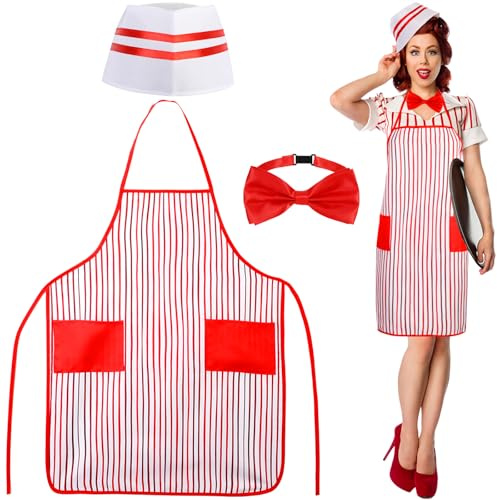 XEPST Kit de Disfraz de Camarero Adulto de 3 PIEZAS - Juego de Accesorios de Disfraz de Camarera de la década de 1950 con Sombrero de Chef Delantal a Rayas Pajarita para Halloween Cosplay Carnaval