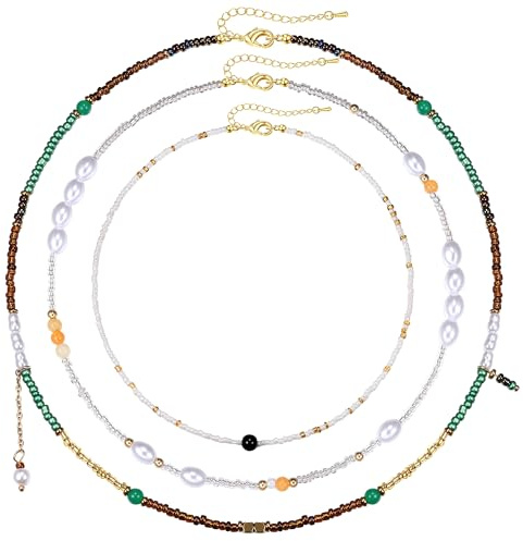 Krfy Damenmode Halskette Set - Boho Choker Kette Einmalig Bunte Perlenkette 18 K Gold