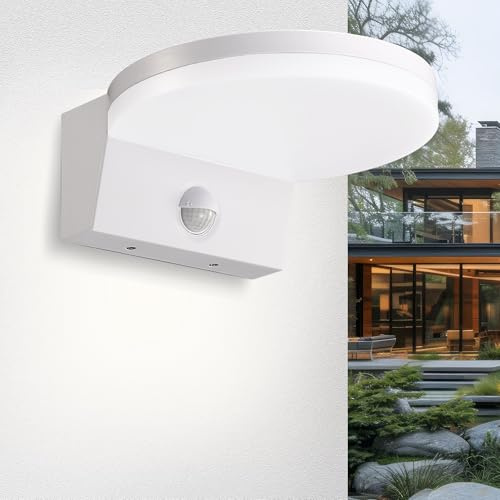 Maxkomfort ZIRKON LED Außenwandleuchte mit Bewegungsmelder in Weiß | 15 Watt IP65 1600 Lumen Neutralweiß | Außenleuchte, Eingangsleuchte, Leuchte Rund
