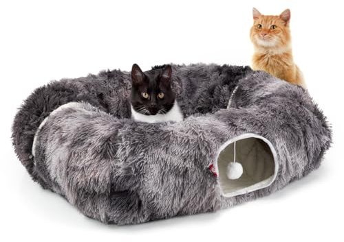 CanadianCat Company | Premium Katzentunnel CUBI, eckiger XXL Tunnel mit Schlafplatz für Katzen inkl. flauschigem Liegekissen, Katzentunnel für große Katzen, dunkelgrau, ca. 100 x 80 x 26 cm