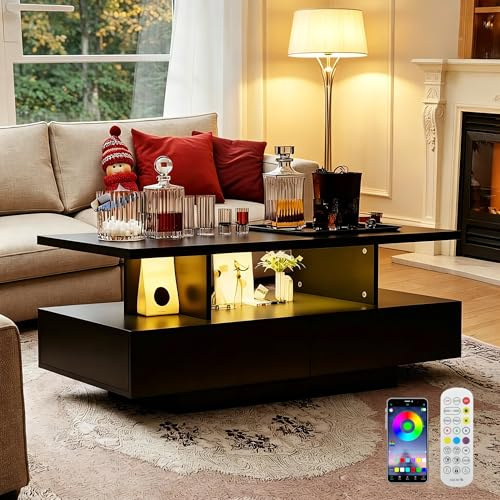 YU YUSING Table Basse LED avec 2 Tiroirs et 2 Étagères de Rangement, 60000 Couleurs Lumières Réglables, Télécommande, Contrôle APP, Modes Musique, Moderne, Noir, 105 x 50 cm