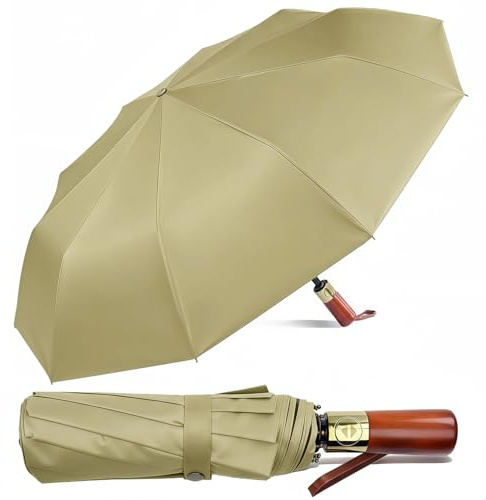 Pdyay 10 Ribs Folding Umbrellas Portable Windproof Waterproof Compact Umbrella with Auto Open and Close for Travel Outdoor Golfing Camping (Khaki)