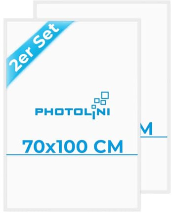 PHOTOLINI Bilderrahmen 70x100 Weiß, 2er Set große Bilderrahmen 70x100 Holz MDF, Poster Rahmen 100x70 XXL mit bruchsicherem Acrylglas zum Aufhängen & Zubehör - Picture Frame für Poster, Fotos & Puzzle