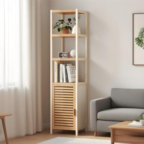 Ogimeka Badezimmerschrank Bambus, Schrank Badezimmer, Hochschrank Badschrank Schmal mit 3 offenen Fächer und 1 Schrank, Badregal Stehend, Badezimmer Regal für Wohnzimmer, Schlafzimmer, Küche (A)