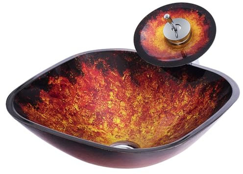Square Bowl Sink for Bathrooms Tempered Glass Bathroom Vessel Sink and Waterfall Faucet Combo Above Counter Artistic Wash Basin with Pop Up Drain Set,Brown