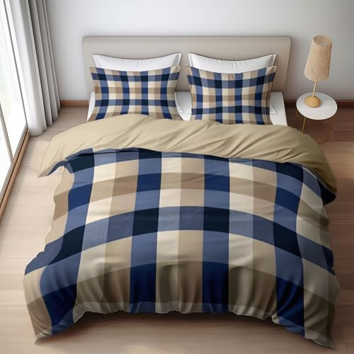 Quixora Parure de lit 2 Personnes - Housse de Couette Motif Bleu Marine Beige Gris Carreaux 220 x 240 cm + 2 Taies d'oreiller 65x65cm, Polyester, Beige