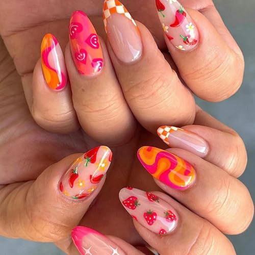 Glossy False Nails, Medium Almond Shape, Fruit Floral Designs, 12 Sizes | Jelly Adhesive Tabs Included, Chequered, Heart And Wavy Motifs, For Home Application, Everyday Wear And Casual Outfits