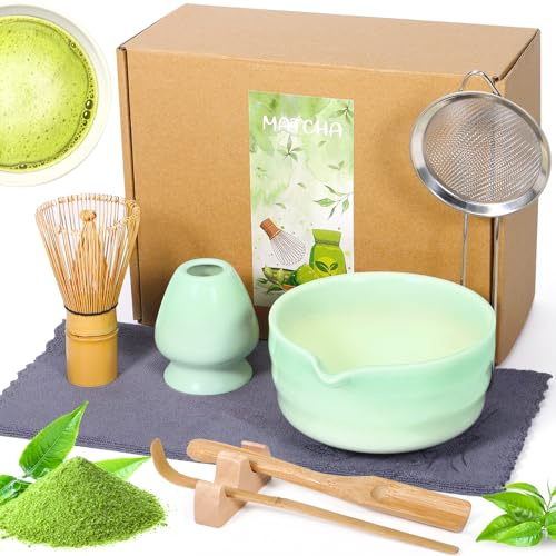 KDISHKRA Kit Matcha 8 Piezas | Bol Cerámica Degradado con Pico Vertedor Lavable en Lavavajillas | Chasen 100 Cerdas Bambú | Ceremonia Té Japonés Matcha Latte | Regalo Principiante Verde