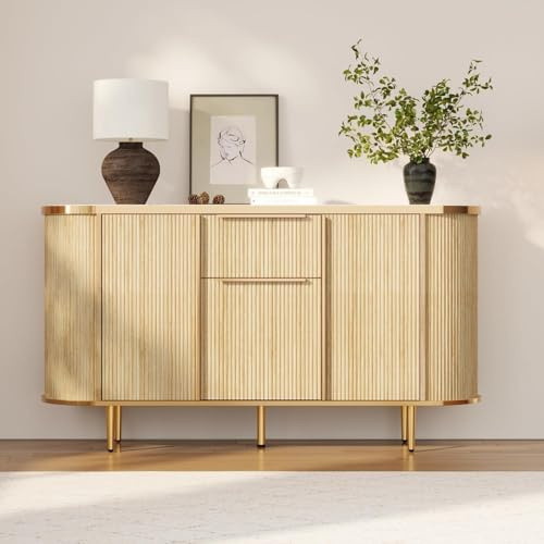 Caldion Sideboard mit 3 Türen und 1 Schublade kommode Wohnzimmer für Küchenschrank Küchenschrank Sideboard mit Schubladen Flur möbel buffetschrank Natürliche Holzfarbe 140x38.9x80cm