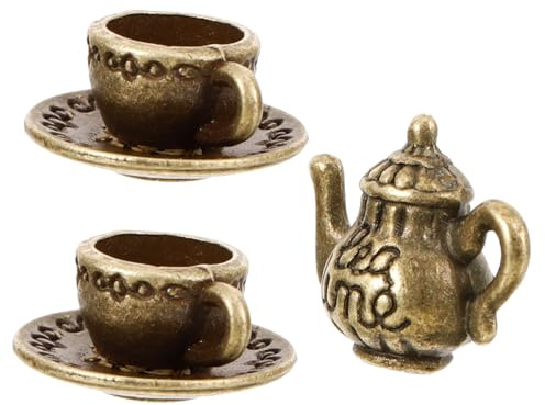Yardenfun Miniatura Juego de Té Metálico Bronce Antiguo con Tetera y Tazas Set Decorativo para Casas de Muñecas y Paisajismo Miniatura