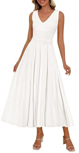 PRETTYGARDEN Summer Dresses for Women 2026 Spring Casual Sleeveless V Neck Pleated Midi Work Cocktail Wedding Guest Dress(White,Small)