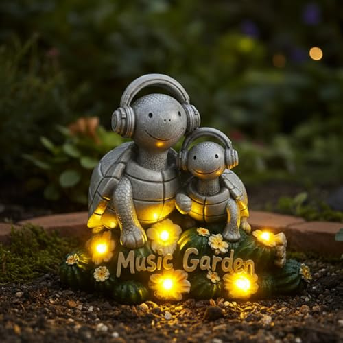 Solar Garden Turtle Statue 5.9with Headphones,Solar Statue with 5 LED Lights,Anti-Fade Stone Texture Turtle Gifts for Women Men Mom Dad,Unique Resin Lawn Ornaments for Patio Yard Lawn Balcony