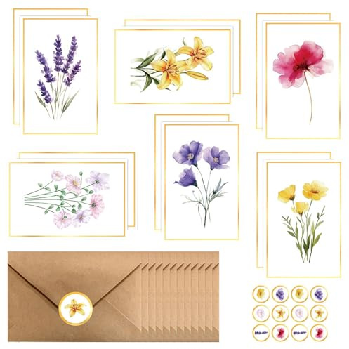 12 Stück Grußkarten Blumen Aquarell mit Umschlägen & Stickern, Blanko Klappkarten für Geburtstagskarte, Hochzeitskarte, Dankeskarte – Elegantes Briefpapier Set für alle Anlässe