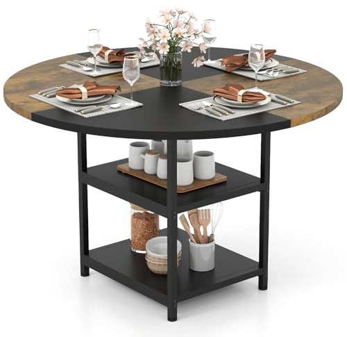 COSTWAY matbord för 4–6 personer, φ 120 cm runt matbord, träbord, tvåfärgat köksbord, trä med metallram, bord retro för matsal, vardagsrum och kontor