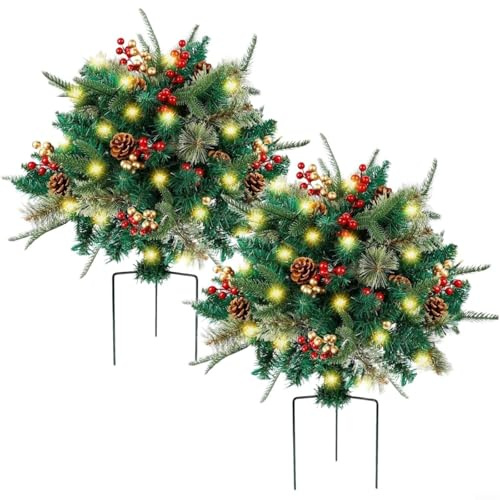 Opatiny LED Navidad para arbusto, con piñas de pino y bayas 54 cm verde ABS iluminado decoración al aire libre para porche, patio, fiesta festiva iluminación (2 hojas de PE)