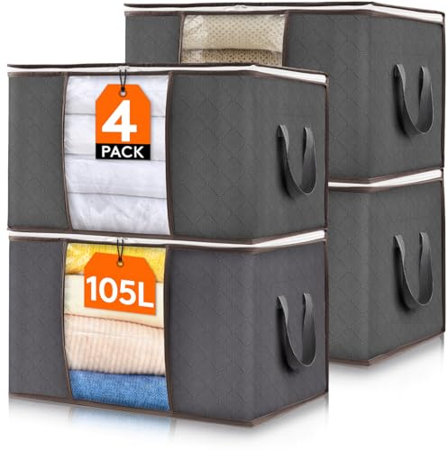 Lifewit Cajas Almacenaje Ropa, Bolsa Almacenaje Ropa, Organizador Armario Plegable, Caja Bajo Cama para Guardar Mantas, Edredones, Gris, 105 L, 4 Piezas