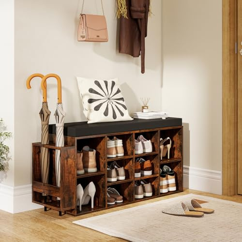 GIANTEX Panca Porta Scarpe con Porta Ombrelli, Organizzatore con Seduta Imbottita, 10 Cubi e Ripiani Regolabili, Scaffale Scarpe Industriale in Legno per Ingresso, Soggiorno, Camera da Letto (Marrone)