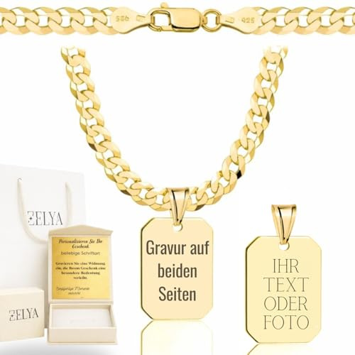 ZELYA Vergoldete 925/585 14K Panzerkette 2/3,8/5/ 5,6/6,5 mm mit Dog Tag Anhänger – Herren Halskette Gold kette– Erkennungsmarke personalisiert, Kette und box mit Gravur, hundemarke lange 45–70 cm