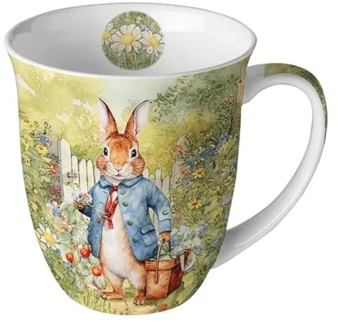 Porzellanbecher 400ml aus Fine Bone China – Kaffeebecher mit Frühlings-, Sommer- und Ostermotiven – Große Tasse für Tee & Kaffee, 10,5 cm hoch (Herr Hase)