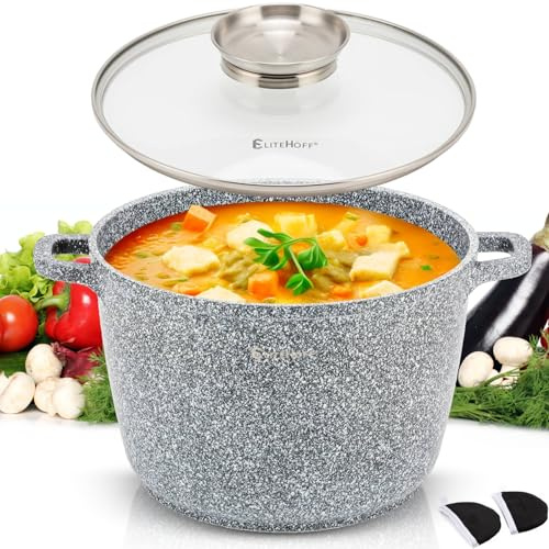 EliteHoff Non-Stick Matlagningsgryta med lock, Aluminium Soppgryta, Stor Induktions Marmorgryta för alla typer av spisar (grå, 6,5 L Ø 24 cm)