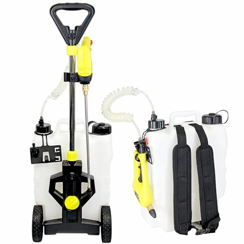 FISHTEC - Elektrisches Sprühgerät auf Rädern oder rückentragbar mit wiederaufladbarer Batterie - Tank 16L - Lithium Ionen Batterie - Düse 40 cm - Flexibler Schlauch