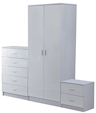 HOMCOM High Gloss 3 Piece Trio Bedroom Furniture Set with Wardrobe White