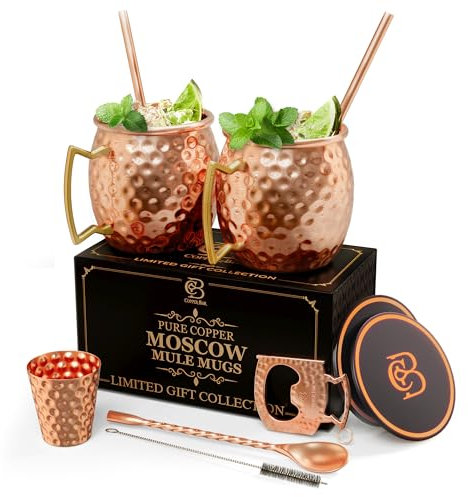 COPPER-BAR Moscow Mule Copper Mugs - Unique HANDCREFTED Gift Set of 2, Hammered by Artisan, 100% Pure Solid Copper Cups 16oz for Drinking Water & Cocktails, Include 12 Pcs accessories & Special Opener