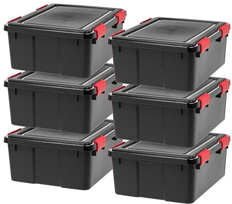 IRIS USA WeatherPro 31 Qt Storage Bins with Lids, 6 Pack, BPA-Free Plastic Gasket Box with Tight Latch and Seal, Stackable Nestable Tote Tub - Black/Red