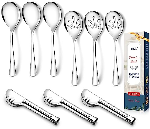 Teivio Stainless Steel Metal Serving Utensils - Large Set of 9-10 Spoons, 10 Slotted Spoons, and 9 Tongs (Silver)