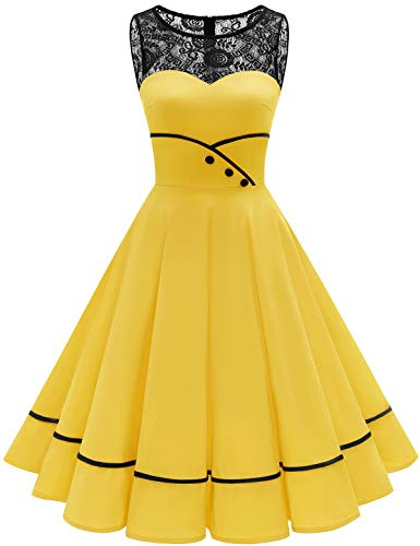 Bbonlinedress Robe de Soirée Cocktail Vintage Femme Années 50s 60s Style Audrey Hepburn pour Fête Mariage Bal Promo Baptême Gala Ligne A Pin Up Yellow S