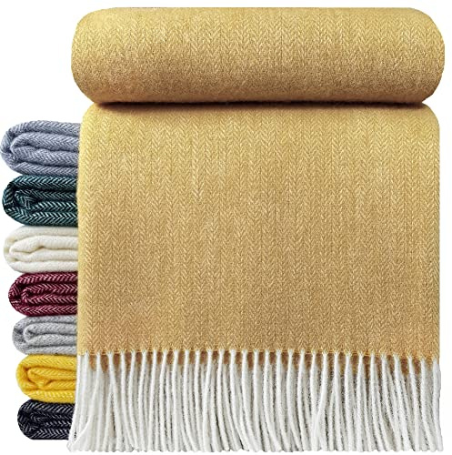STTS International Wolldecke 100% Schurwolle Wohndecke in versch. Farben 140 x 200 cm Tagesdecke Schurwolldecke Woll-Plaid Tirol (A Gelb/Ocker, 140 x 200 cm)