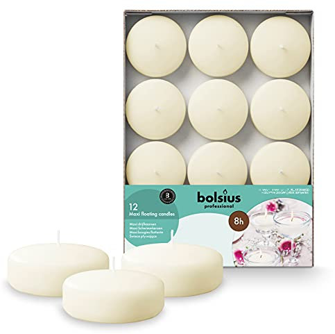 Bolsius - Maxi Schwimmkerzen - Elfenbein - 12 Stücke im Karton - Ø 7.7 cm - Brenndauer 8 Stunden - Duftfrei - Paraffinwachs - XL Schwimmkerze - perfekt für verschiedene Anlässe