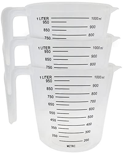 SOL 3pk Plastic Measuring Jugs – 1 Litre Capacity with Clear Graduated Markings – Durable, Lightweight & Stackable Liquid Measuring Cups for Cooking, Baking, Mixing, Kitchen Prep & Easy Cleaning