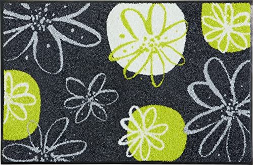 Erwin Müller Fußmatte Koblenz, Schmutzfangmatte, Fußabtreter rutschhemmend, Blumenmotiv grau/grün Größe 50x75 cm - robust, langlebig, pflegeleicht, für Fußbodenheizung geeignet