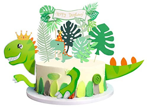 HCRXVV Dinosaurie tårtdekoration, set med 8 st inkl. 5 blad, huvud, fötter, svans och grattis på födelsedagen-dekoration, pappersdekoration för födelsedag, djungelfest och babyshower