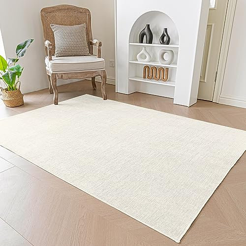 Evitany Living Room Rug, Chenille Short Pile Carpet, Washable Rugs for Bedroom, Non Slip Rug Living Room, Large Area Rugs,Lounge Square Carpet for Kitchen, Kids(Cream,80x150 cm)