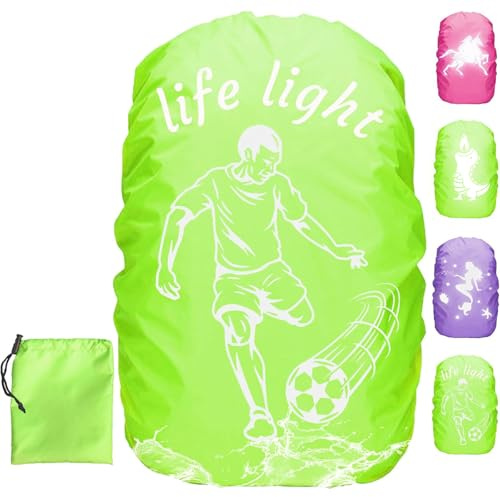 Housse Sac à Dos Imperméable, 30-40L Football Protection sac à dos pluie Réfléchissante avec élastique et Sac de Rangement, Vert Protege sac a Pluie pour Enfant garçon Vélo nocturne Camping Voyage