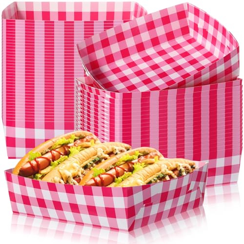 Suclain 36 Pack Hot Pink and White Gingham Paper Trays 5 lb Grease Resistant Large Snack Serving Trays Disposable Food Boats for Girls Birthday Anniversary Wedding Bridal Shower Supplies
