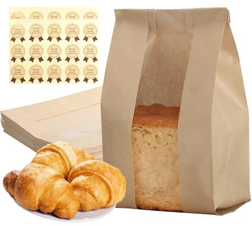 30PCS Kraft Food Packaging Bag with Front Window Bread, Large Paper Bread Bags for Homemade Bread With Closure Stickers,Toast Bags for Cookies and Baked Gifts（30x21x10cm）