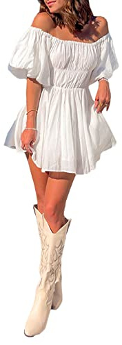 Achlibe Women Casual Summer Dress Solid Color Elegant Short Puff Sleeve Off-Shoulder Tunic Dress Beach Summer Dresses Streetwear (White, L)