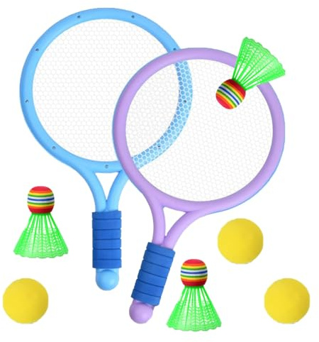 Kids Tennis Rackets Set, 2 Blue and Purple Plastic Tennis Rackets and 3 Shuttlecocks and 3 Tennis Balls, Kids Tennis Set for Children Indoor Outdoor Sports Games，Good Companion for Company