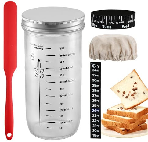 volumoon Kit de Démarrage pour Levain, Bocal Fermentation en Verre 730ml(24Oz) avec Bande d'Alimentation pour Dattes, Thermomètre, Housse en Tissu, Grattoir, Couvercle, Bocaux pour Levain pour Pain