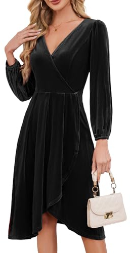 Meetjen Abito formale a maniche lunghe in velluto con scollo a V da donna fluente autunno alto basso elegante 2025 midi abito da cocktail invernale, Nero , L