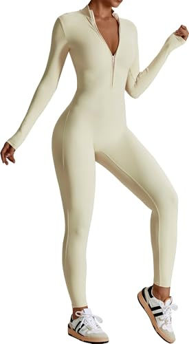 SEAUR Yoga jumpsuit dam lång sport overall bodycon bodysuit 1/2 dragkedja tight lekdräkt en del sparkdräkt för gym fitness jogging S-XL, Aprikos, S