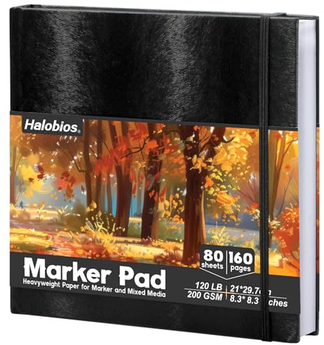 Halobios Skizzenbuch, 200 g/m² Dickes Papier, Professionelles Marker Zeichenpapier für Alkoholmarker, Acryl, Tinte und Kohle – 21 cm x 21cm, 80 Bögen / 160 Seiten